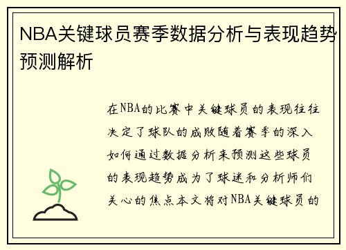 NBA关键球员赛季数据分析与表现趋势预测解析