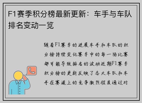 F1赛季积分榜最新更新：车手与车队排名变动一览