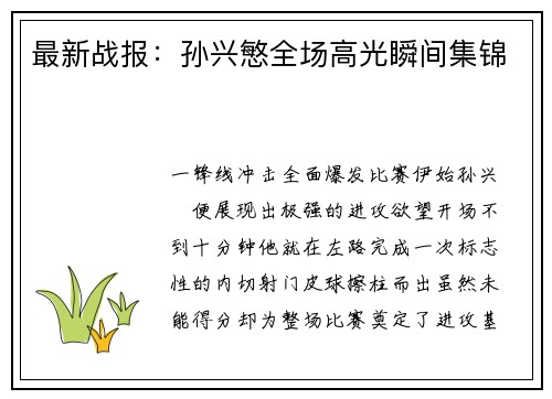 最新战报：孙兴慜全场高光瞬间集锦